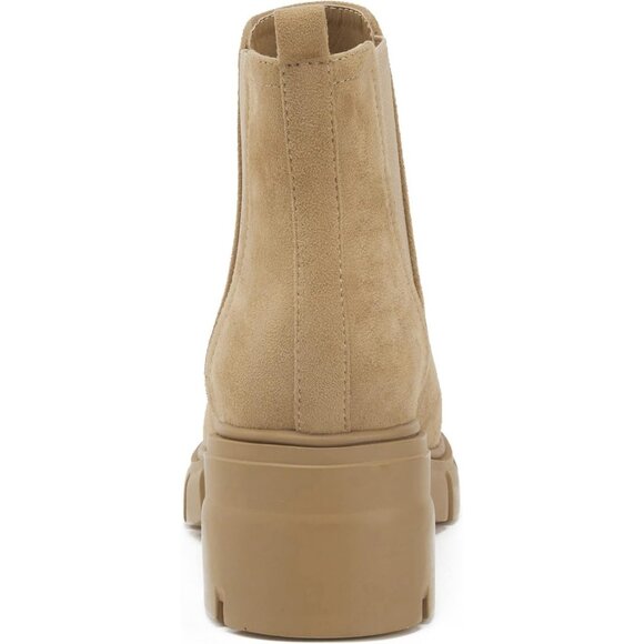 Women's Tan Suede Chelsea Boot Elastic Chunky Block Heel Platform Lug Sole Ankle - Picture 7 of 7